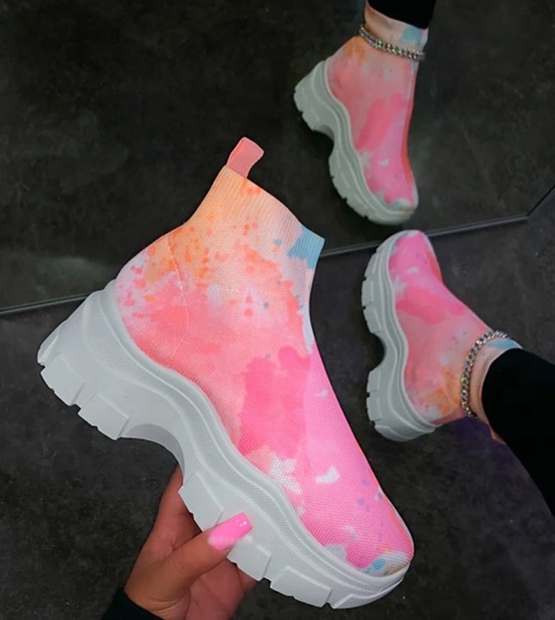 New Women Boots Tie-dye High Top Women Casual Sneakers Breathable Stretch Colorful Women's thick Bottom Sports Running Shoes