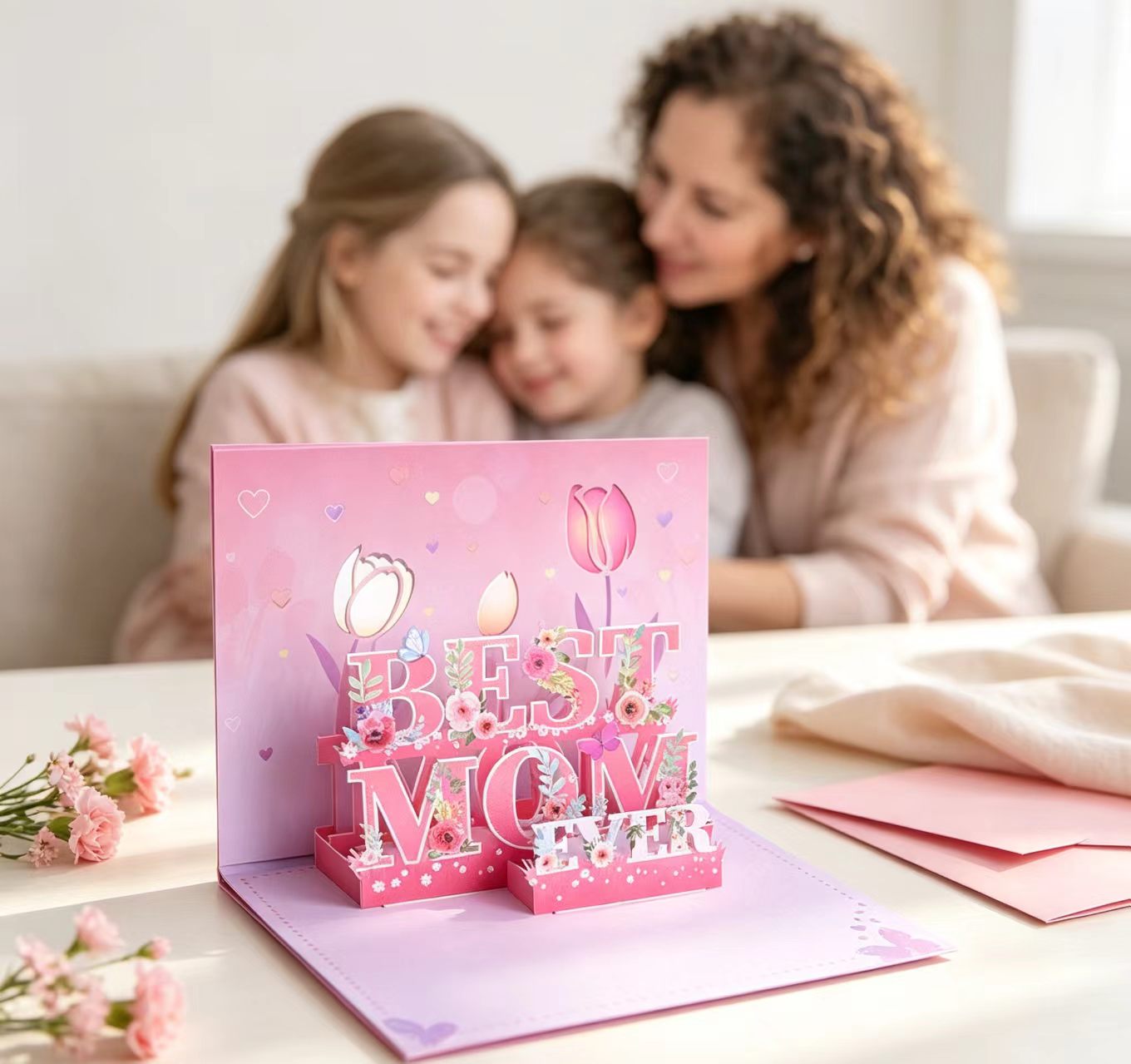 pink flower mother's day pop up card