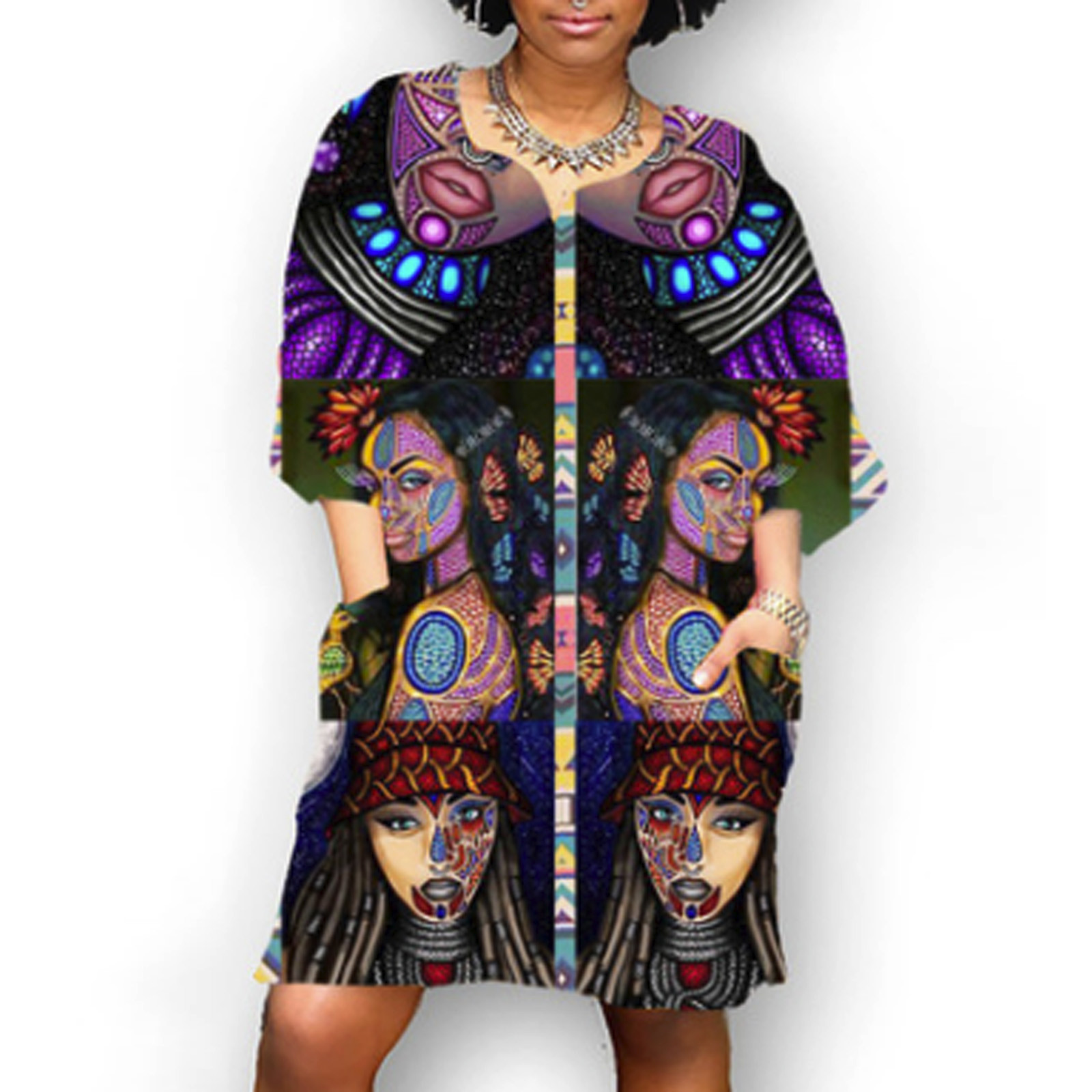 Women Dresses Fashion African Vintage Print Middle Sleeve V Neck Casual Mini Dress Undefined Robe Longue Femme Ete Femme Robe