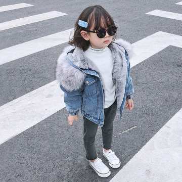 Toddler Kids Baby Girl Deinm Jacket Hooded Faux Fur Fleece Warm Thick Denim Coat Outwear Long Sleeve Coat Overcoat Winter