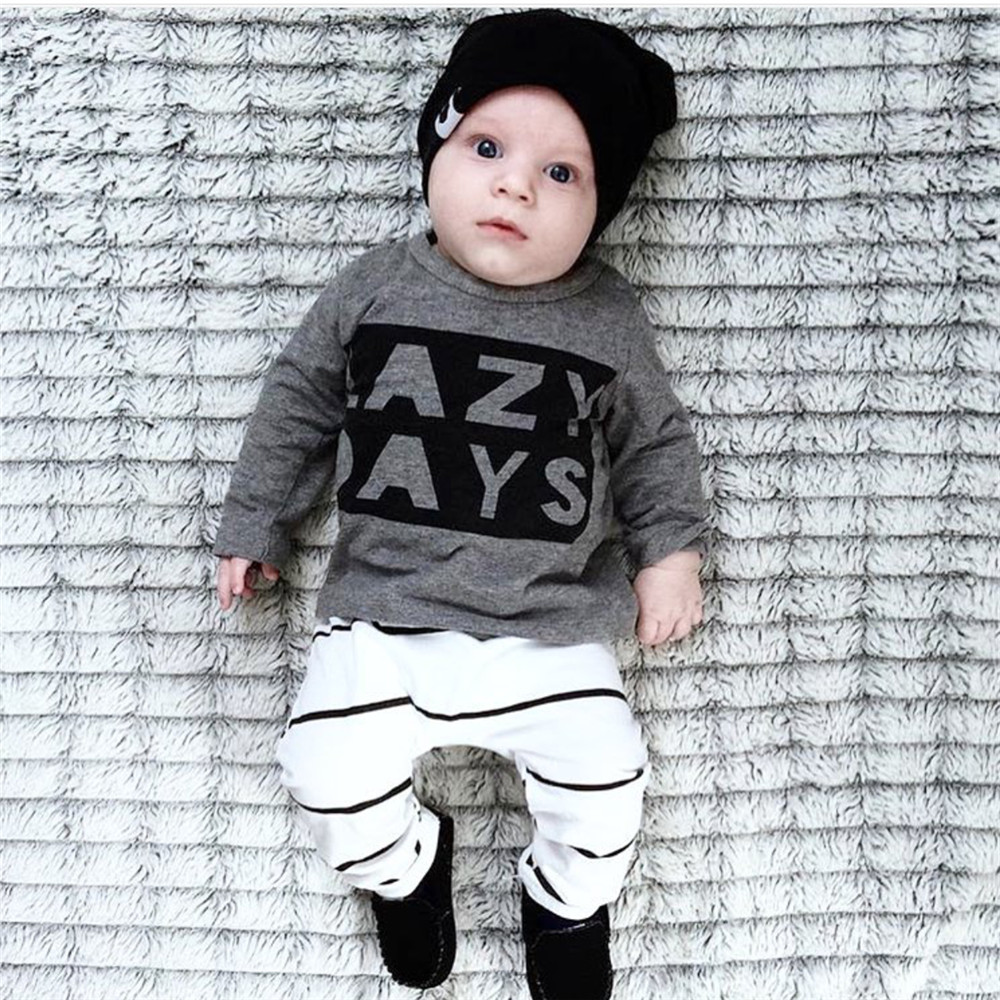 2Pcs Newborn Infant Baby Boys Girls Clothes Set Long Sleeve Letter LAZY DAYS T-shirt Tops Casual Stripe Pants Toddler Clothing