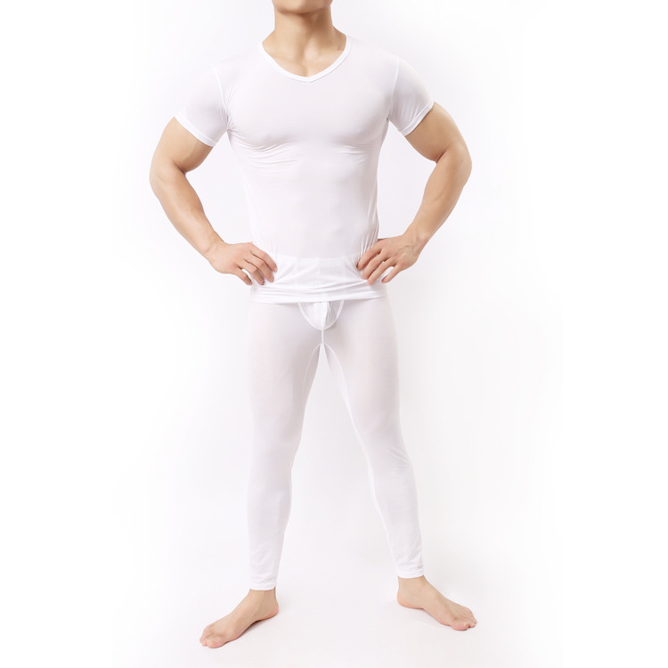 Men's Undershirt Pant Set Ultra-thin Cool Spandex Thermal Sleep Underwear Shirt & Pant Set