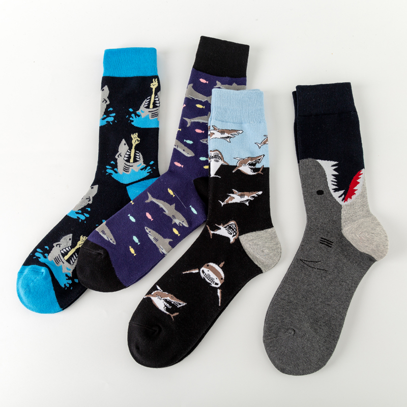 New Casual Combed Cotton Men's Socks Tend Harajuku Street Hip Hop Funny Happy Socks Colorful Shark Pattern Long Socks For Men