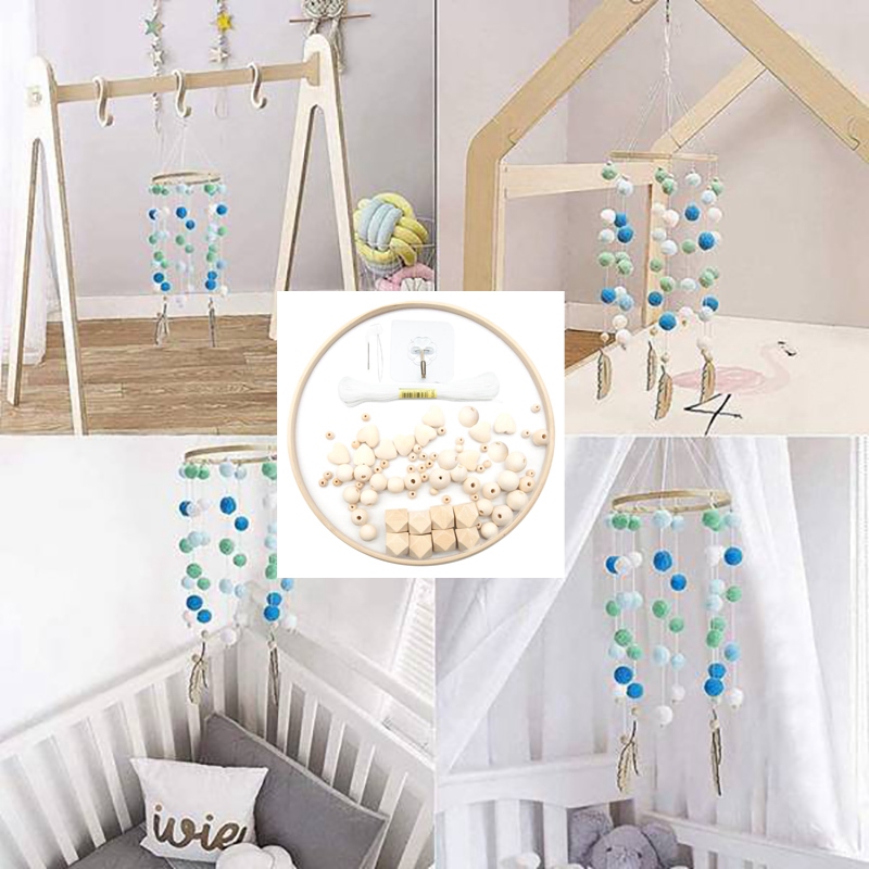 DIY Wooden Frame Kit,Baby Crib Mobile Wind Chime,Crib Bed Wood Mobile Hanger,Wooden Bead,Home Decor Nursery for Kids