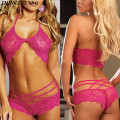 Women Sexy Hollow Out Lace Top Bra + Cross Panty Underwear Lingerie Set