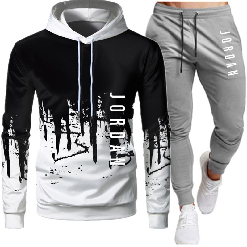 Men's Hoodie suit fashion letter print autumn brand casual sports suit men's suit sports two piece piece splicing Hoodie