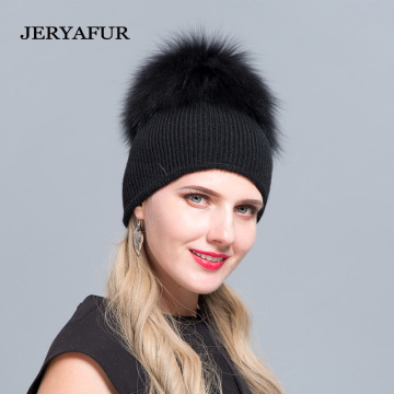 JERYAFUR Russian wool autumn winter broad bean cap men's and women's wool knitted headwear leisure hat and fox fur ski cap