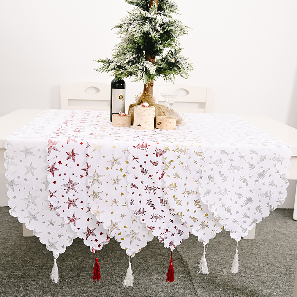 Creative Table Runner Gilded White Christmas Tree Star Print Table Runner Christmas Party Home Decoration