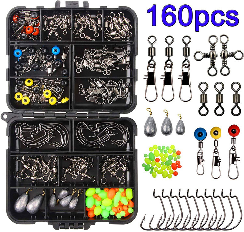 160pcs Fishing Accessories Kit Set With Fishing Tackle Box Including Fishing Sinker Weights Fishing Swivels Snaps Jig Hook Pesca
