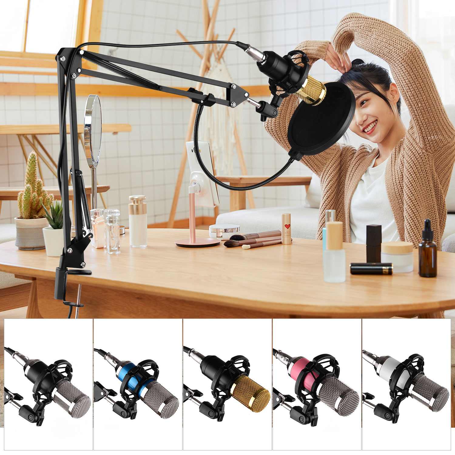 Professional Studio Recording Condenser Microphone Kit Windscreen/Shock Mount//Suspension Scissor Arm Stand/Mounting Clamp