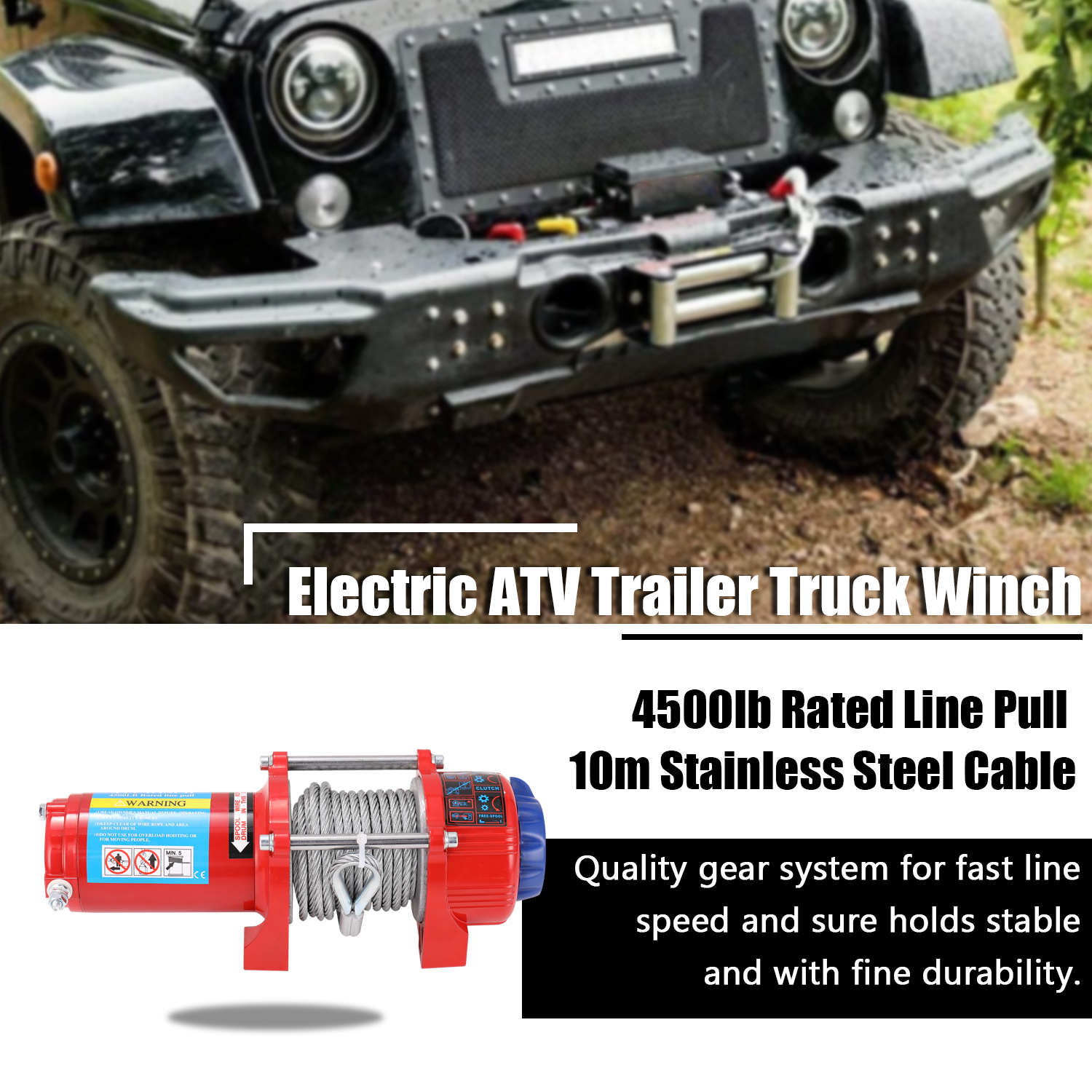 2020 New Professional Car Recovery Electric ATV Trailer Truck Winch with 4500lb Rated Line Pull 10m Stainless Steel Cable