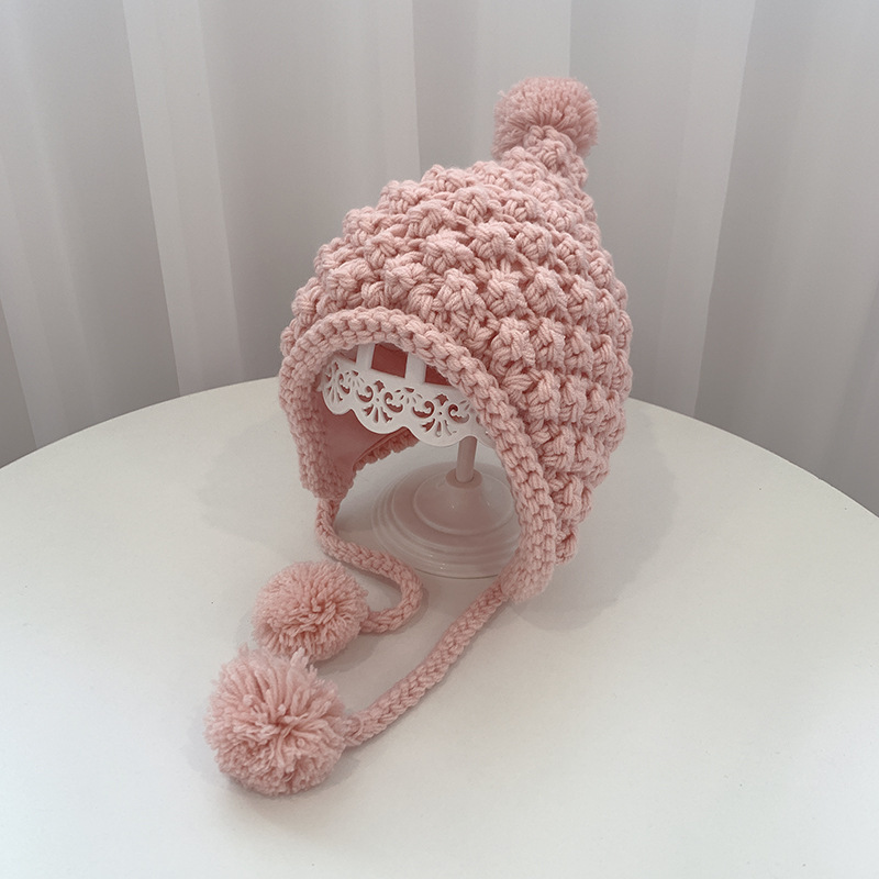 New Style Autumn Winter Children's wool Knitted Hat Hand-Woven Big Hair Ball Ear Protection Baby Hat Cute Babies Woolen Cap