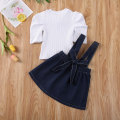 2PCS Toddler Kids Baby Girls Clothes Sets Bowknot Puff Sleeve T-Shirts Tops Denim Strap Dress Clothes