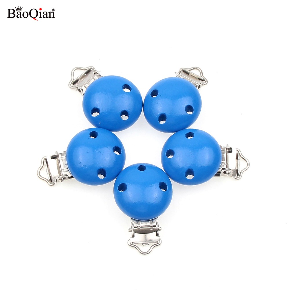 5Pcs Blue Wooden Metal Baby Dummy Pacifier Clips Holders Round Clasps Suspender Garment Accessories Plastic Insert 29x45mm