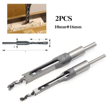 2pc 10mm 16mm Square Hole Saw Mortising Chisel w/ Twist Drill Bit Wood Tool