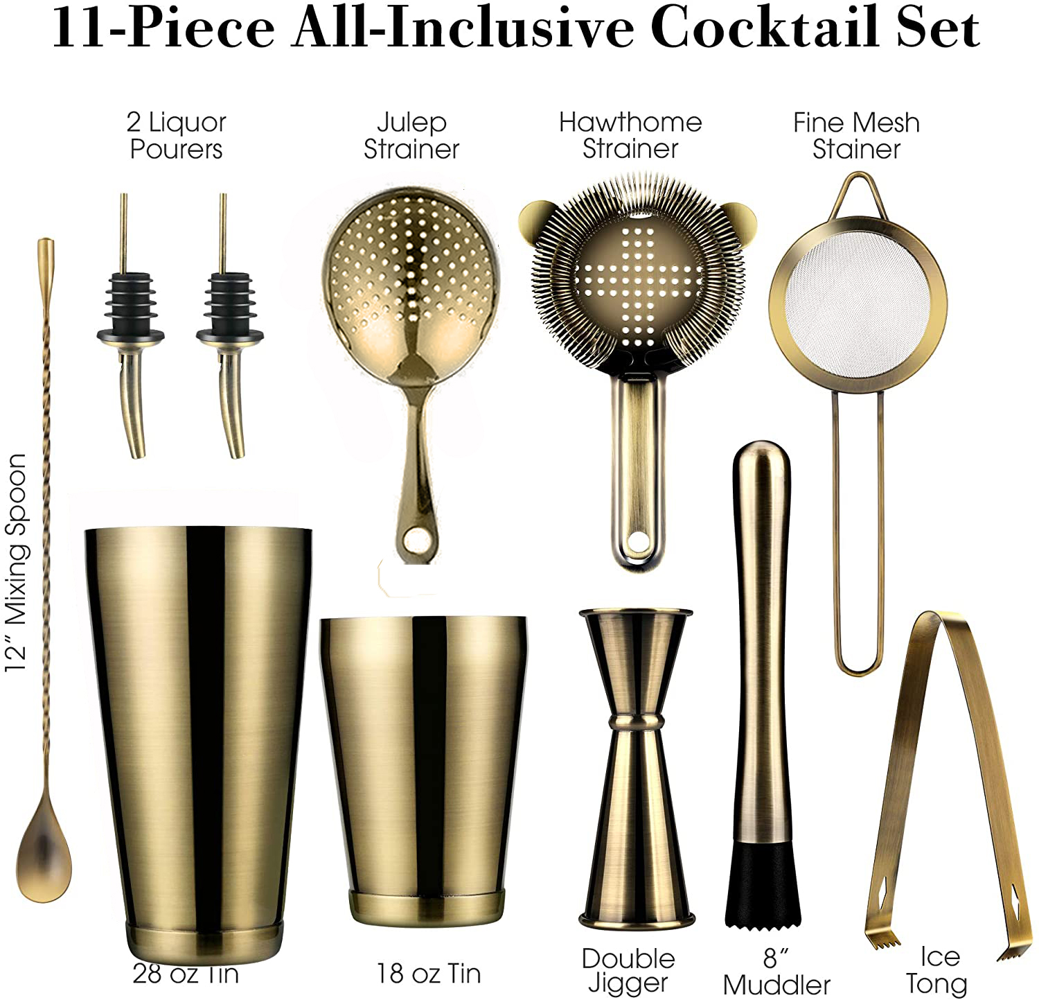 11-Piece Cocktail Shaker Bar Set: Weighted Boston Shakers,Cocktail Strainer Set,Jigger, Cocktail Muddler,Spoon, Ice Tong,Pourers