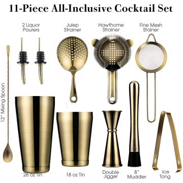 11-Piece Cocktail Shaker Bar Set: Weighted Boston Shakers,Cocktail Strainer Set,Jigger, Cocktail Muddler,Spoon, Ice Tong,Pourers