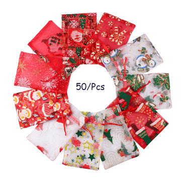50 PCS 10 x 15cm 13x18cm Christmas Drawstring Organza Gift Bag pouches Party Women's Wedding Candy Shell Chocolate Gift Bag