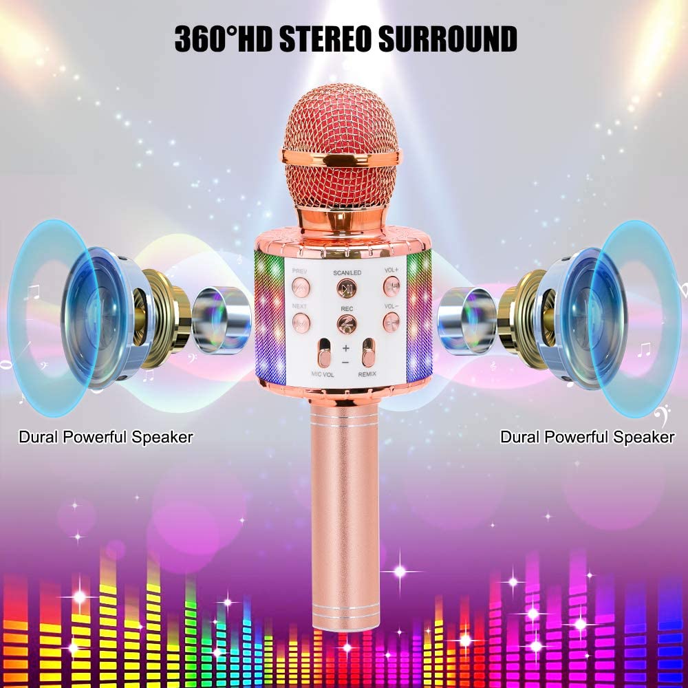 Wireless Bluetooth Karaoke Microphone, 3-in-1 portable handheld karaoke mic karaoke player multi-function LED light