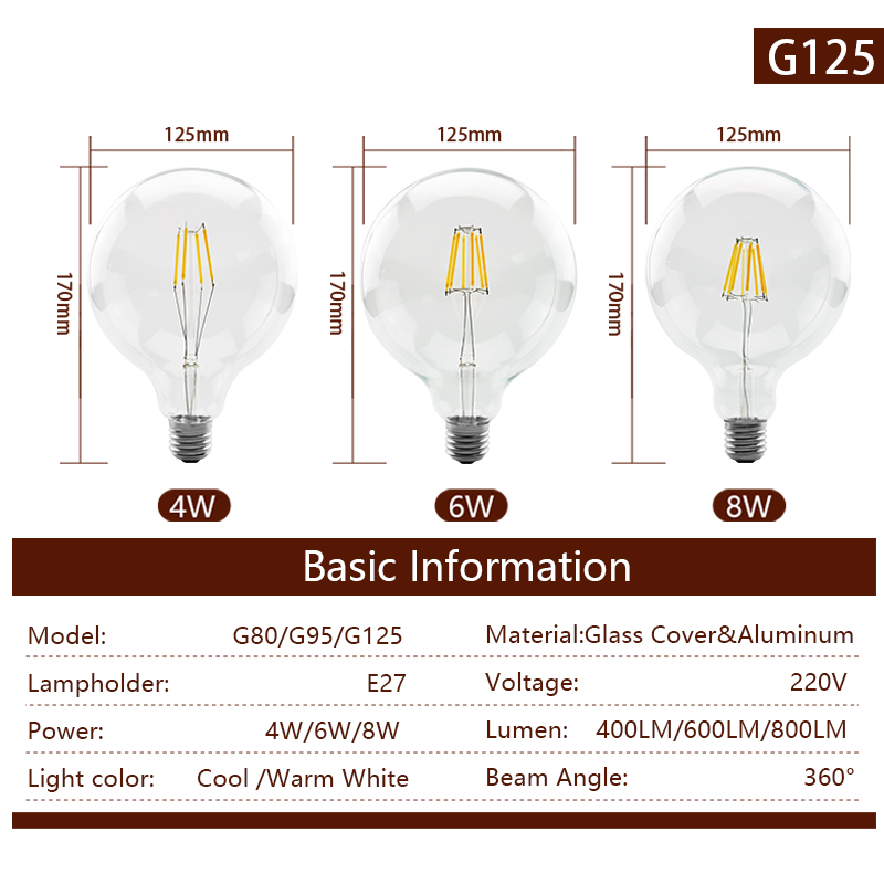 Led Filament Bulb G80 G95 G125 Big Light Bulb 4W 6W 8W Filament Led Bulb E27 Clear Glass Indoor Lighting Lamp AC220V Edison Bulb