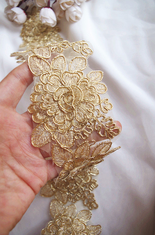 3D gold cord lace trim with roses, golden alencon lace trim