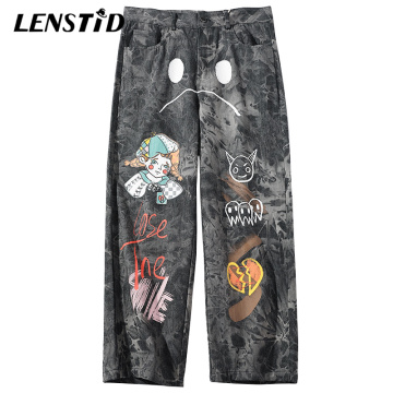 LENSTID 2020 Hip Hip Pants Streetwear Men Loose Denim Pants Graffiti Print Black Vintage Jeans Harajuku Joggers Cotton Trousers