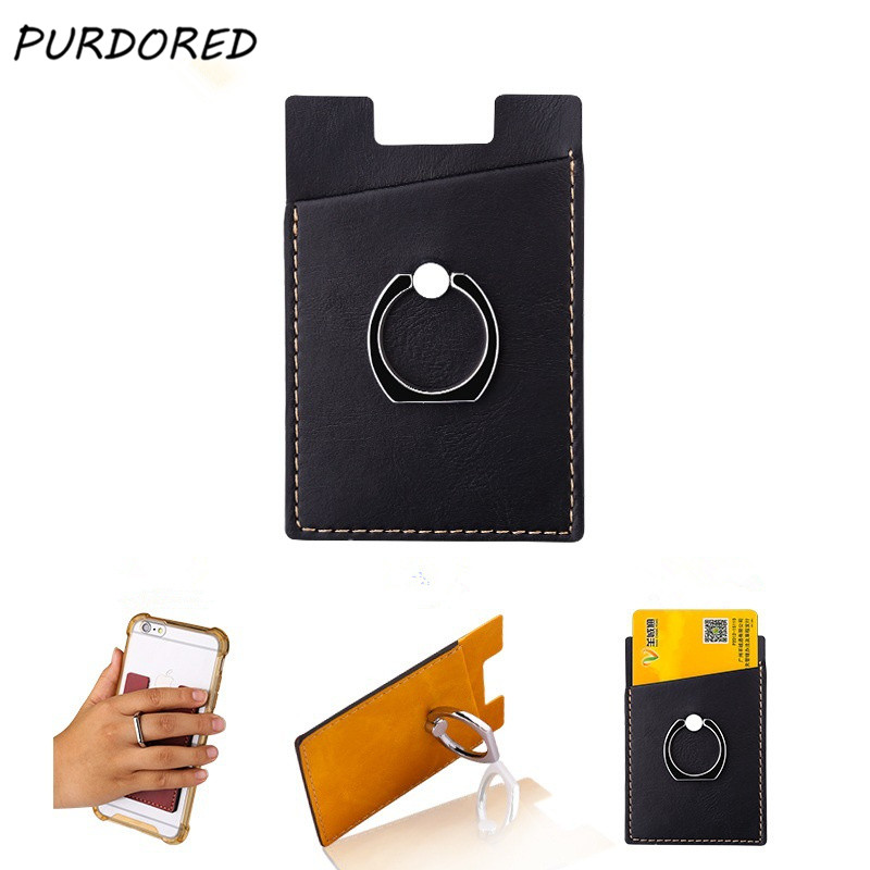 PURDORED 1 Pc Phone Card Holder Women Credit ID Card Holder Men Pocket Stick on Adhesive with Finger Ring Tarjetero Hombre