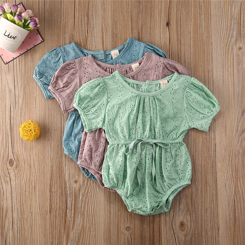 Newborn Baby Girls Clothes Solid Color Cotton Short Sleeve Hollow Romper Jumpsuit One-Piece Toddler Girls Outfit Sunsuit Clothes