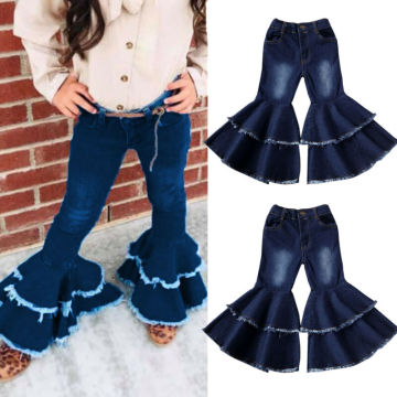 2-7 Years Toddler Kids Baby Girls Jeans Pants Girls Solid Ruffle Denim Wide Leg Flare Trousers For Girl Pants Jeans With Pockets