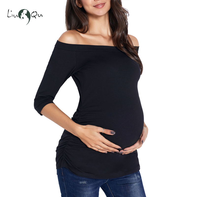 Womens Maternity Tunic Pregnancy Tops Off Shoulder 3/4 Sleeve Womens Clothing Classic Side Ruched T-shirt Pregnancy Clothes