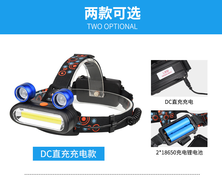 New searchlight 3 LED frog eye headlight COB high power DC rechargeable headlamp outdoorcamping light with tail warning light