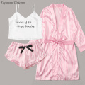 Plus Size Nighties Women Pajamas Satin Sleepwear Pijama Silk Home Wear Lace Home Robe Chest Pads Sleep Lounge Pink White 3 Pcs