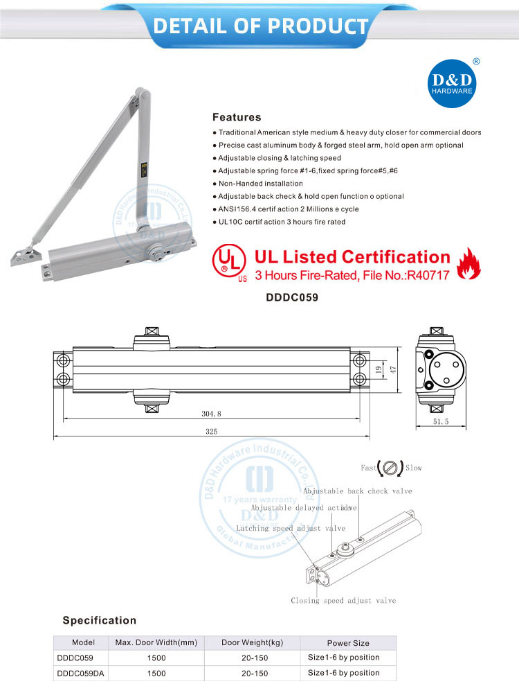 Heavy Duty UL Fireproof Aluminum Hydraulic Door Closer