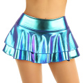 Women Pole dance costume Shiny Metallic Mini Skirt Low Rise Double Layered Ruffled Mini Skirt for Dance Raves Festivals Costumes