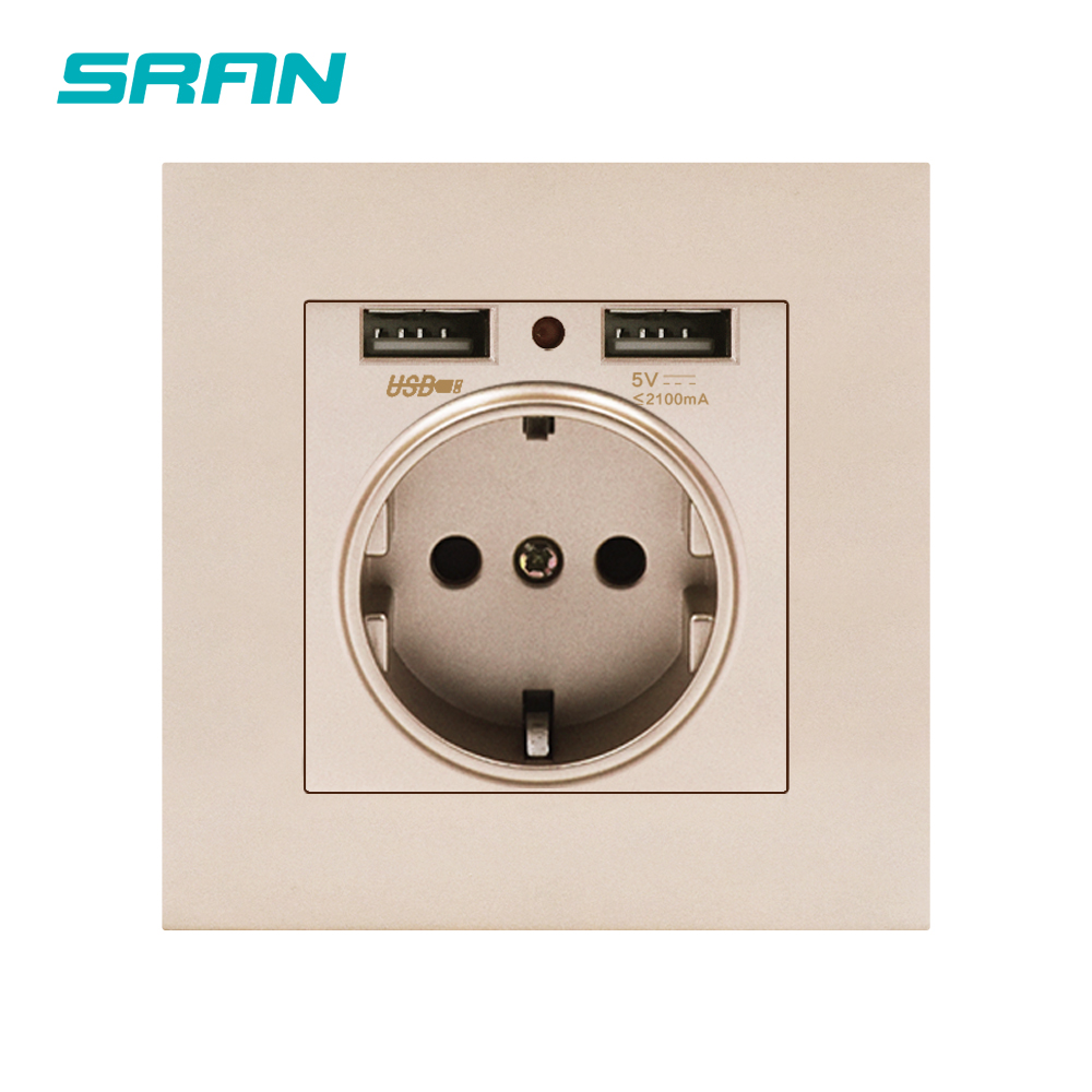 SRAN EU power socket ,socket with usb charging port 2.1A 16A white PC Panel 86mm*86mm Russia Spain Wall Socket