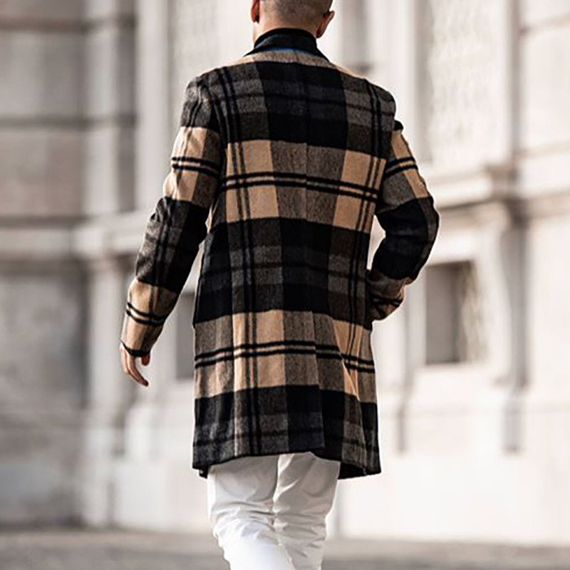 Men Coat Winter Woolen coat Plaid Long Sleeve Jackets Fleece Men Overcoats Streetwear Fashion Long Trench Outerwear 2020