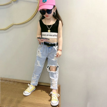 Spring Summer girls jeans baby denim pants kids trousers children streetwear iregular front back hollow out ripped 3-12 jeans