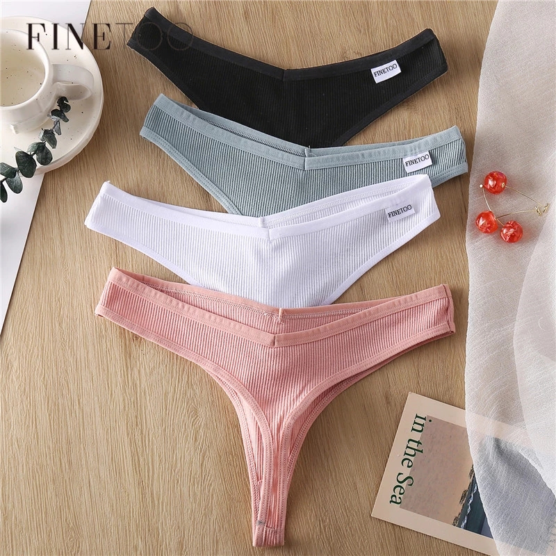 FINETOO Cotton Thongs Women Sexy V Waist G-String Comfortable Striped Thong Panties Women T-back Underpants M-XL Female Bikini