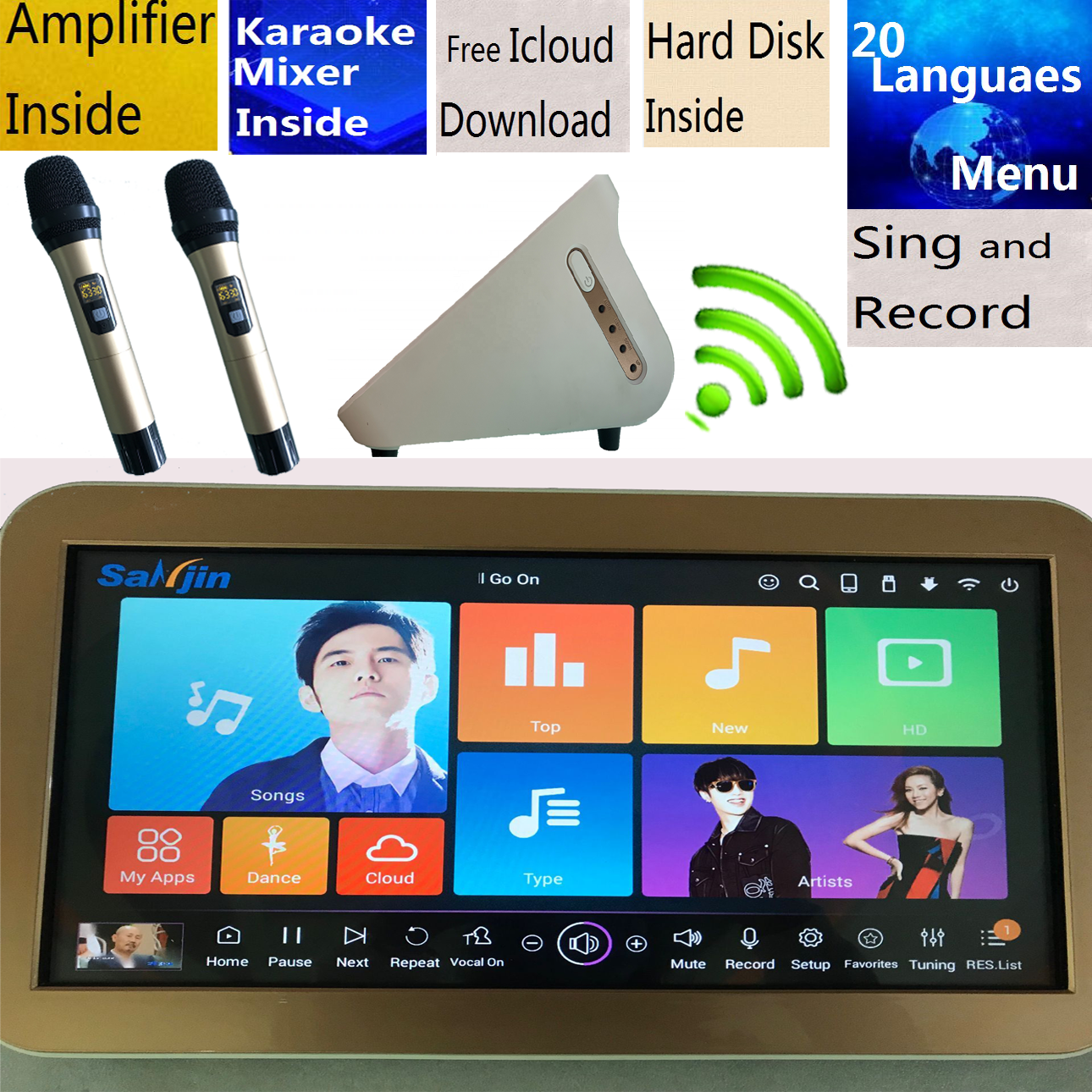 karaoke Player Jukebox Machine+Amplifier Mixer+2Wreless Karaoke Microphones +15.6"touch screen HMDI1080P KTV/MTV