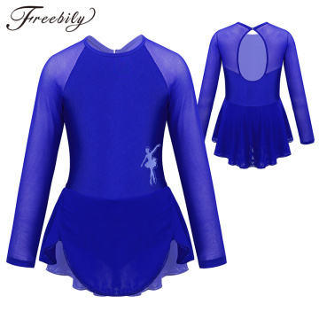 Teens Kids Figure Skating Dress Girls Long Sleeves Tulle Splice Cutouts Back Ice Skating Leotard Gymnastics Ballet Dance wear