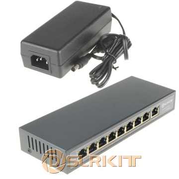 DSLRKIT 48V 120W 9 Ports 8 PoE Injector Power Over Ethernet Switch 4,5+/7,8- for IP camera/Wireless AP/CCTV camera system