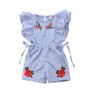2018 Lovely Cute Summer Toddler Baby Girls Romper Short Petal Sleeve Elastic Waist Floral Print Striped Blue Jumpsuits Romper