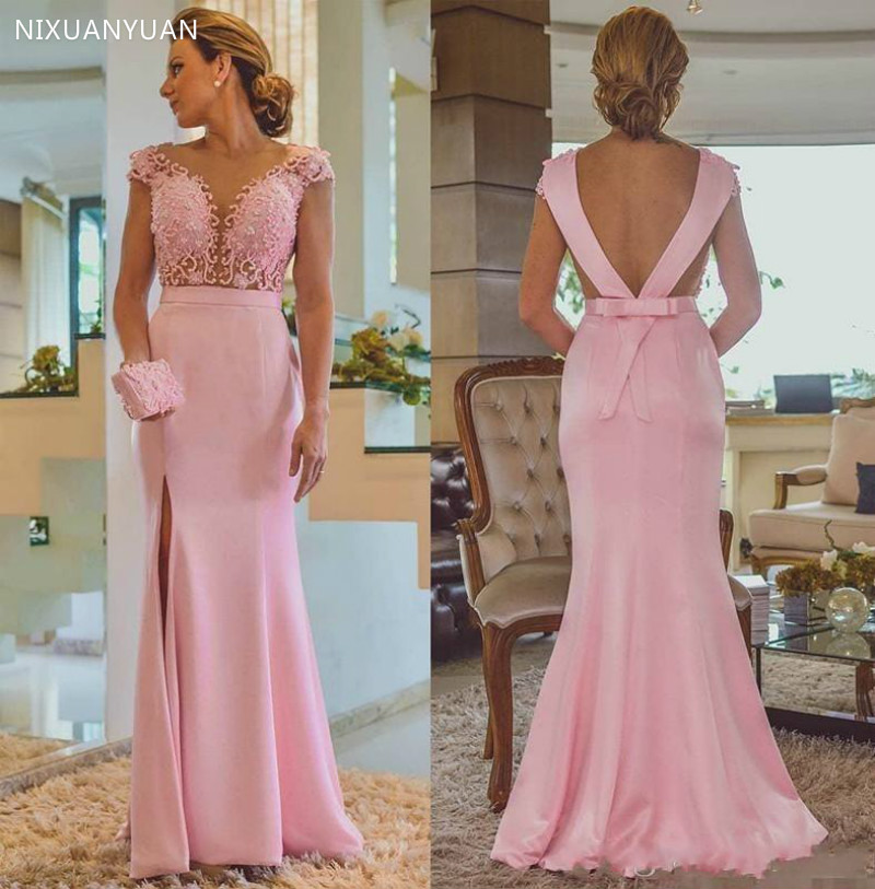 Pink Mermaid Side Split Lace Applique Beaded Backless Bow Long Wedding Guest Prom Evening Gown 2021 Mother of The Bride Dresses
