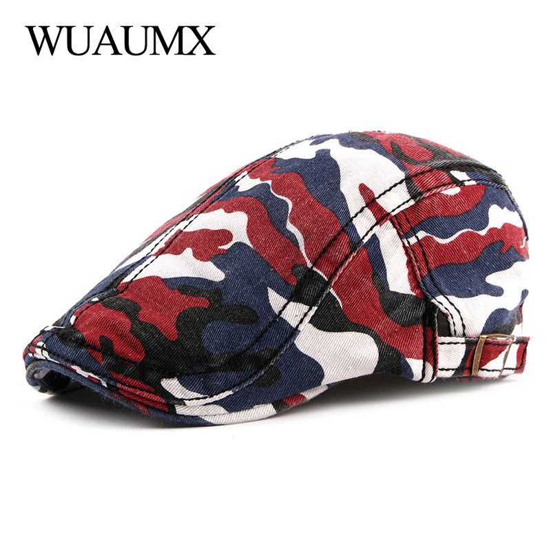 Wuaumx Spring Summer Beret Hats Men Women Washed Cotton Forward cap Camouflage Beret Cap Casual Flat Peaked Caps Visor Wholesale