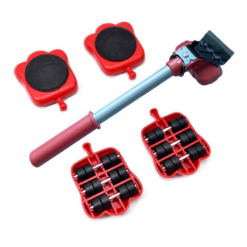 5Pcs Professional Furniture Mover Tool Set Heavy Stuffs Transport Lifter Wheeled Mover Roller with Wheel Bar Moving Clean Device