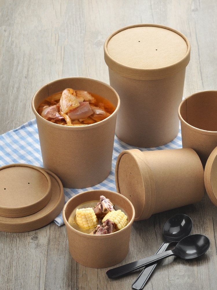 50pcs High quality kraft paper round soup bowl soup bucket disposable lunch box takeaway snack food fruit salad packing cups