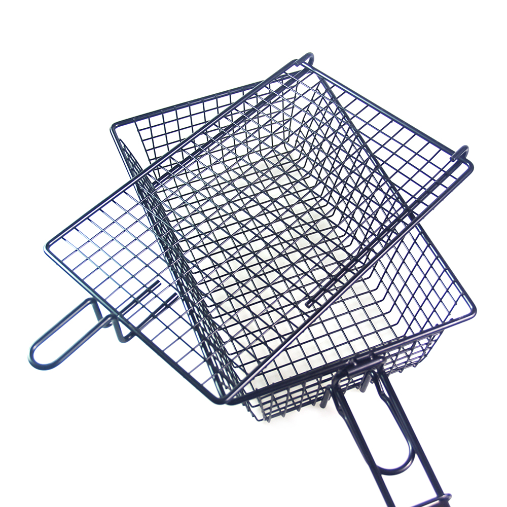 Non-stick Grill Basket with Lid Metal Barbecue Basket with Foldable Removeable Wooden Handle BBQ Tool for Fish Vegetable Steak