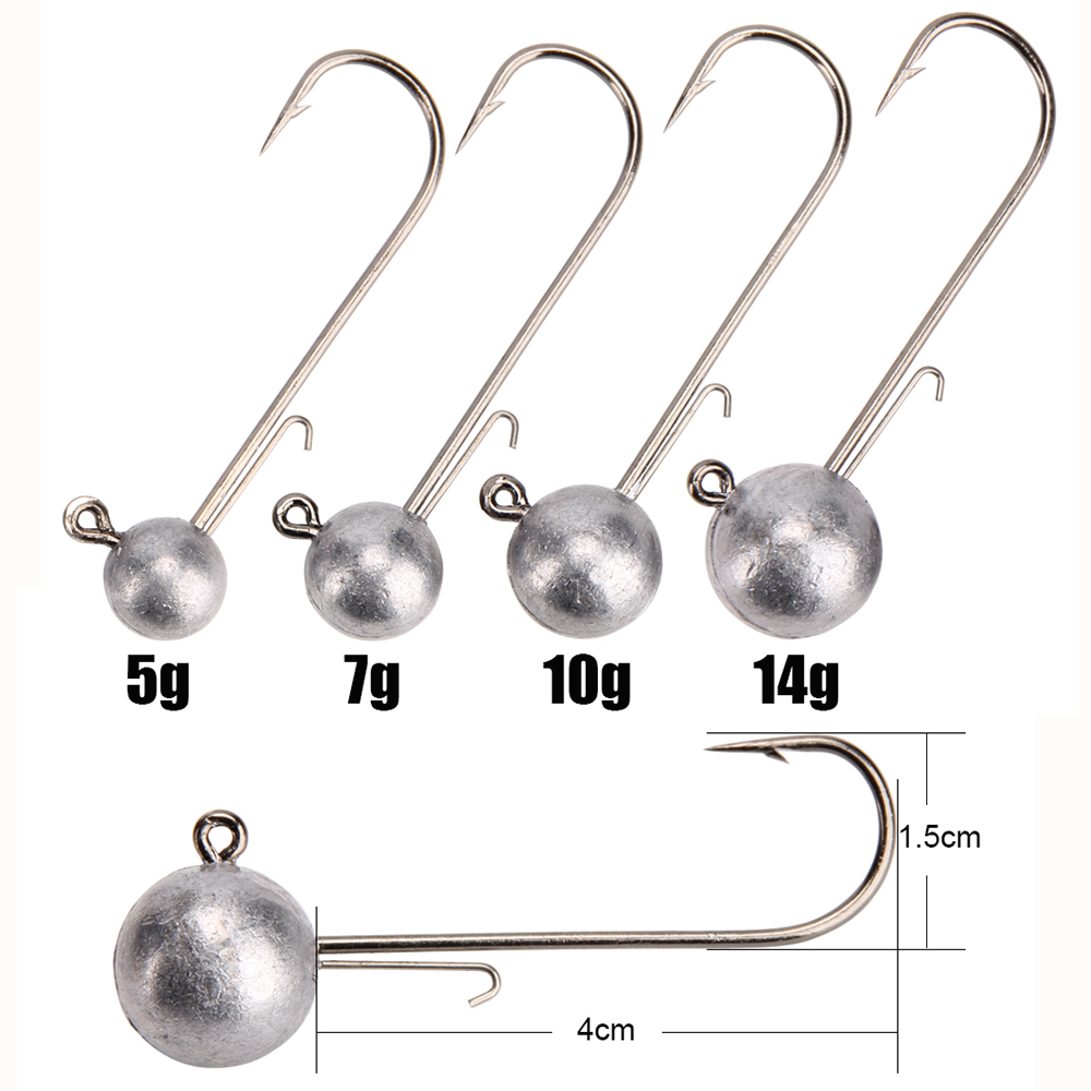 Spinpoler 4Pcs Lead Round Ball Jig Head Hook 5g7g10g14g Fishing Hook Lead Jig Lure Metal Baits For Soft Worm Fishing Accessories