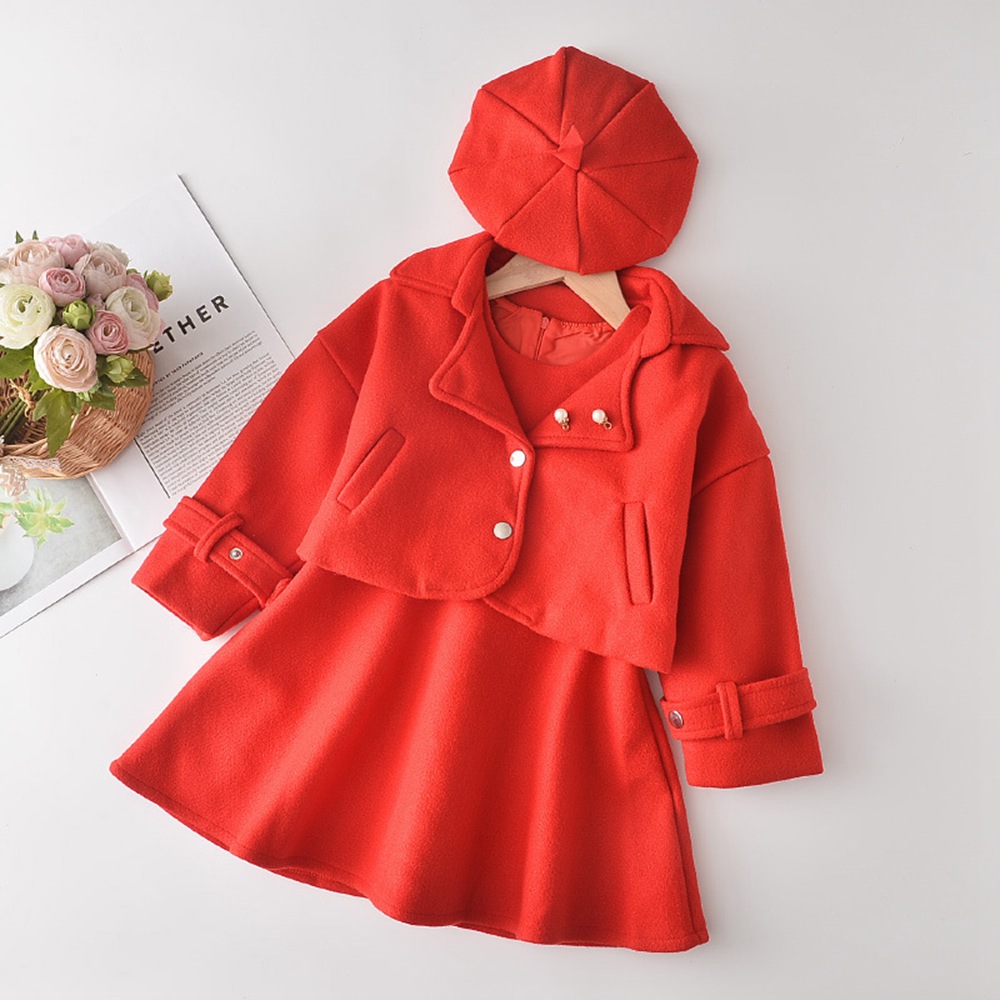 Fashion Outfits Girls 2PCS Woolen Princess Clothes Set Long Sleeve Coat Outwear+Tank-Dress Kids Children Autumn Suit+Hat S11544
