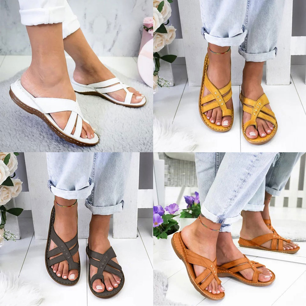 PU Leather Foot Correction Flat Heel Soft Ladies Orthopedic Casual Women Sandals Indoor Outdoor Summer Beach Travel Non Slip